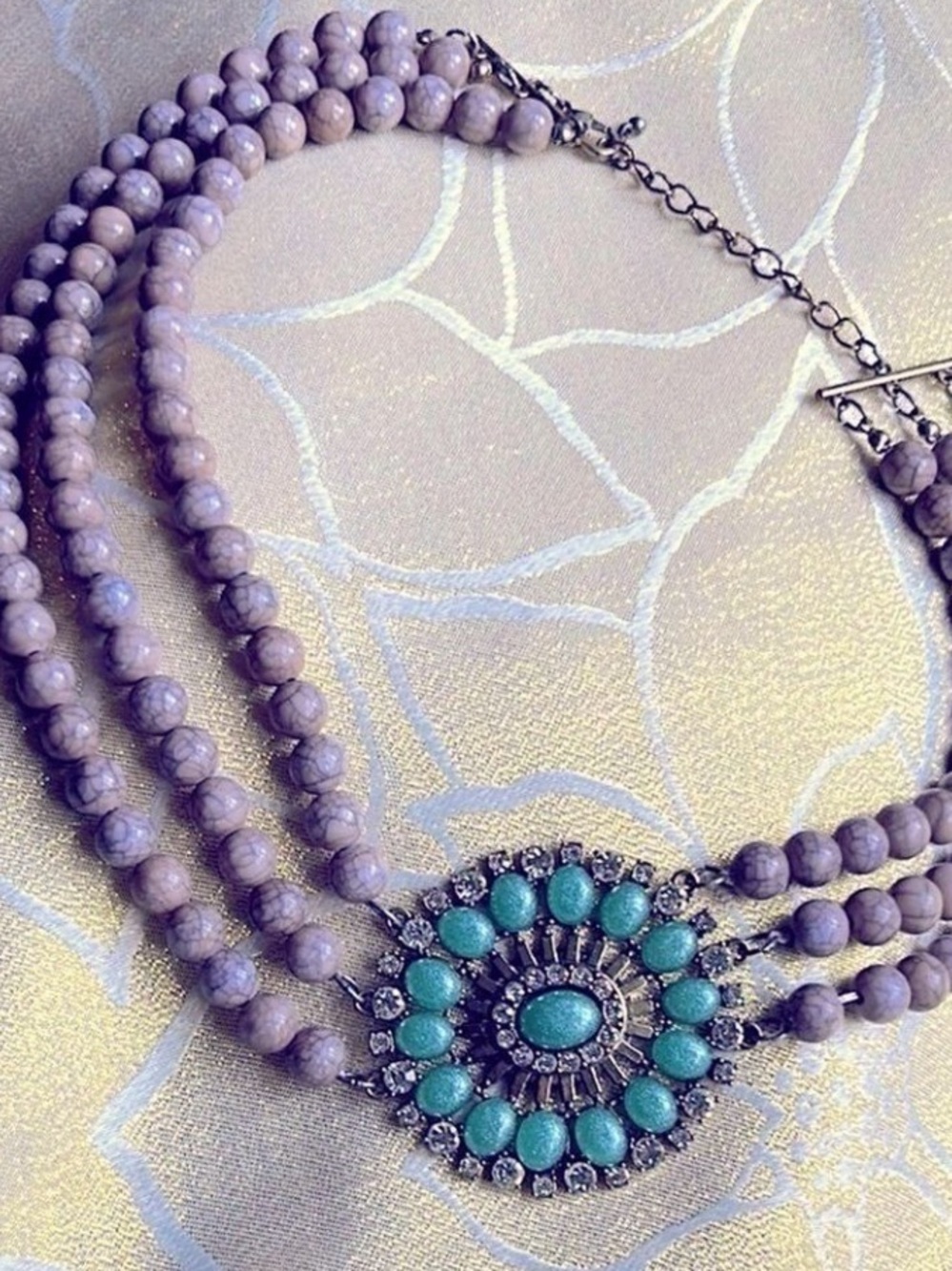 Multi-Strand Necklace Turquoise Glass Rhinestone + Gray Grey Beads